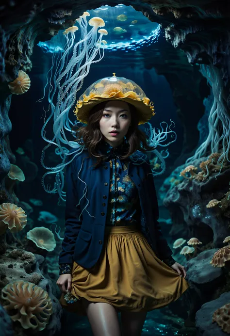 imagine, dream of, cinematic photo fashion editorial style Jellyfish, haute couture, tentacles, bioluminescence, under water, dark, photography, woman in a blue jacket and mustard-colored skirt a floral patterned hat and a mysterious underwater cave setting, The atmosphere is ethereal dreamy and fantastical evoking a sense of wonder and otherworldliness,, Jellyfish, haute couture, tentacles, bioluminescence, under water, dark, photography, woman in a blue jacket and mustard-colored skirt a floral patterned hat and a mysterious underwater cave setting, The atmosphere is ethereal dreamy and fantastical evoking a sense of wonder and otherworldliness, . high fashion, trendy, stylish, editorial, magazine style, professional, highly detailed . 35mm photograph, film, bokeh, professional, 4k, highly detailed