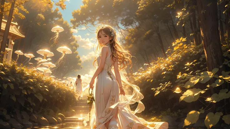 girl, sun shafts, 4k, sharp focus, detailed, detailed skin, walking down fantasy forest path, (white flowy sundress), short flowy dress, asian, (long hair), close up, dynamic, leaves in the air, <lora:jellyfish-noise:0.7> jellyfishforest, <lora:pureInnocentGirl_v25:1> PI_girl