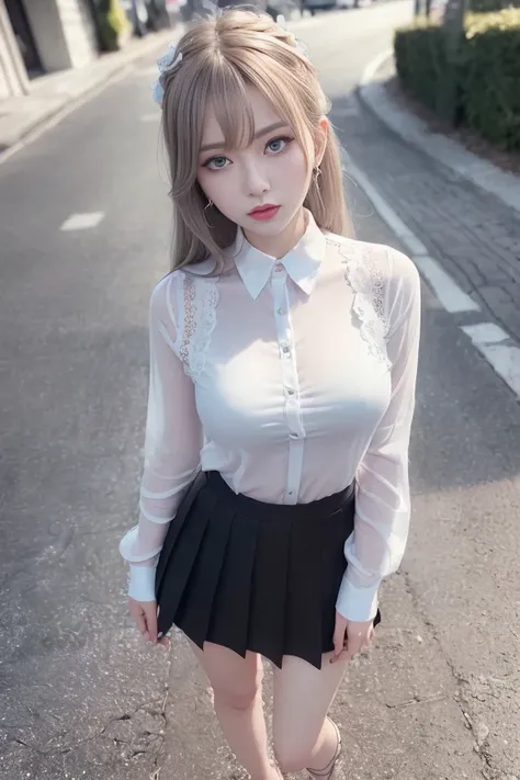 (RAW photo, best quality), (realistic, photo-realistic:1.3), masterpiece, an extremely delicate and beautiful, extremely detailed, CG, unity , 2k wallpaper, Amazing, finely detail, light smile, extremely detailed CG unity 8k wallpaper, huge filesize, ultra-detailed, highres, absurdres, soft light, (((medium hair:1.3), short bang, gray hair, floating hair novafrogstyle)), beautiful detailed girl, detailed fingers, extremely detailed eyes and face, beautiful detailed nose, beautiful detailed eyes, long eyelashes, light on face, looking at viewer, (closed mouth:1.2), 1girl, cute, young, mature face, (full body:1.3), (medium breasts), realistic face, realistic body, beautiful detailed thigh, (ulzzang-6500-v1.1:0.8),<lora:pureInnocentGirl_v25:0.3>, hot body, beautiful breasts, (white collared shirt:1.5, slightly see-through clothes:1.3, at street:1.5, detailed city:1.5, earrings:1.5, black pleated skirt:1.6, top with lace:1.5), beautiful legs, beautiful eyes, abs, (Hair up hair:1.5, hairpin:1.3), (Lipstick:1.2, makeup:1.2, blue eyes:1.2), (White skin:1.5), noon, (sexually suggestive:1.5), (skindentation:1.5), Sunlight, Shock can be seen