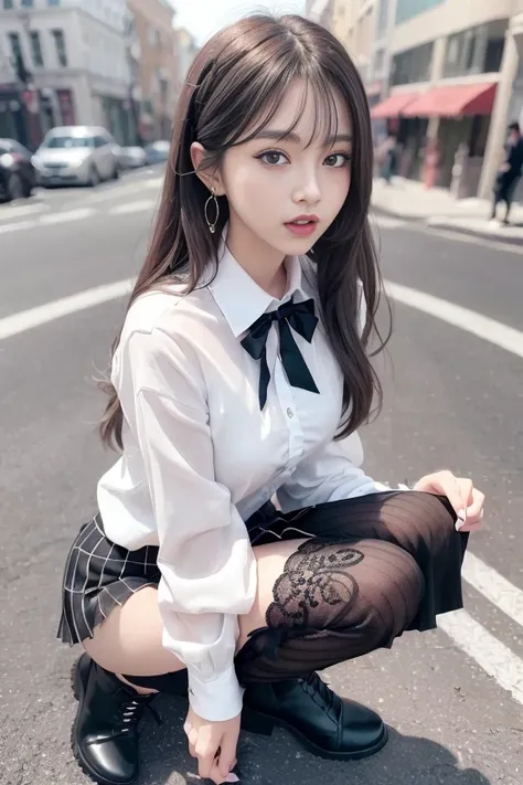(RAW photo, best quality), (realistic, photo-realistic:1.3), masterpiece, an extremely delicate and beautiful, extremely detailed, CG, unity , 2k wallpaper, Amazing, finely detail, light smile, extremely detailed CG unity 8k wallpaper, huge filesize, ultra-detailed, highres, absurdres, soft light, (((medium hair:1.3), short bang, gray hair, floating hair novafrogstyle)), beautiful detailed girl, detailed fingers, extremely detailed eyes and face, beautiful detailed nose, beautiful detailed eyes, long eyelashes, light on face, looking at viewer, (closed mouth:1.2), 1girl, cute, young, mature face, (full body:1.3), (medium breasts), realistic face, realistic body, beautiful detailed thigh, (ulzzang-6500-v1.1:0.8),<lora:pureInnocentGirl_v25:0.3>, hot body, beautiful breasts, (student uniform:1.6, Collared Tight White Shirt:1.5, slightly see-through clothes:1.3, at street:1.5, detailed city:1.5, small earrings:1.5, black pleated skirt:1.6, leather boots:1.2), beautiful legs, beautiful eyes, abs, (hairpin:1.3), (Lipstick:1.2, makeup:1.2, blue eyes:1.2), (White skin:1.5), noon, (sexually suggestive:1.5), (skindentation:1.5), Sunlight, Shock can be seen