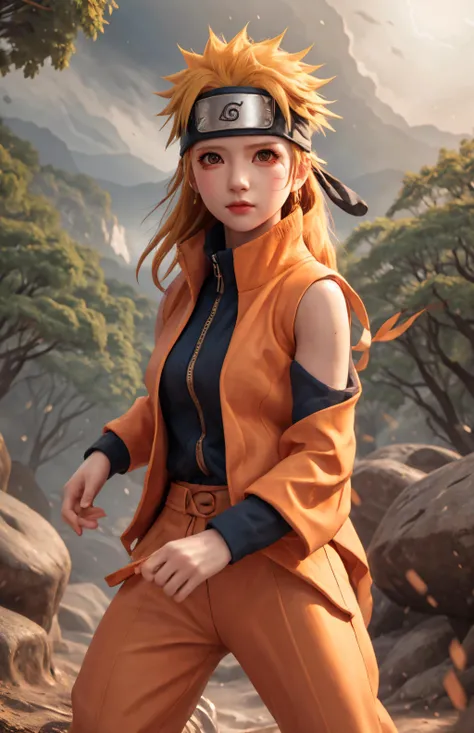 best quality, masterpiece, highres, (1girl:1.2), tyndall effect,(photorealistic), dark studio, rim lighting, two tone lighting,(high detailed skin:1.2),
naruto, outdoors, black and orange cloth,fighting stance,orange pants,sleeveless jacket,small breast,orange jacket,forehead,long yellow hair,(body shape:1.3),detailed forest background,
8k uhd, dslr, soft lighting, high quality, volumetric lighting, candid, Photograph, high resolution, 4k, 8k, Bokeh,<lora:Naruto_v2:0.5> <lora:Pure_Innocent_girl2:0.2>,(nsfw),detailed face eyes hair,