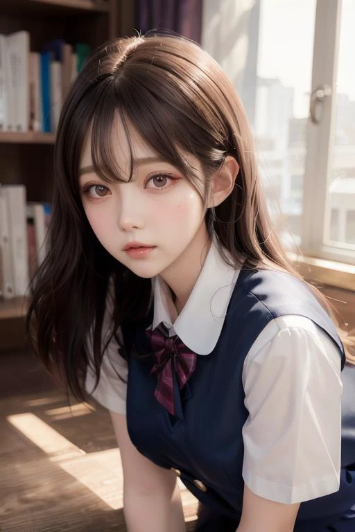 best quality, professional lighting, super detailed, realistic, beautiful detailed face eyes, <lora:pureInnocentGirl_v25:0.8> PI_girl,school uniform,leaning forward