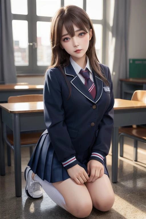 best quality, professional lighting, super detailed, realistic, beautiful detailed face eyes, <lora:pureInnocentGirl_v25:0.5> PI_girl,school uniform,kneeling