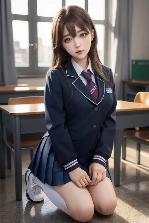 best quality, professional lighting, super detailed, realistic, beautiful detailed face eyes, <lora:pureInnocentGirl_v25:0.5> PI_girl,school uniform,kneeling