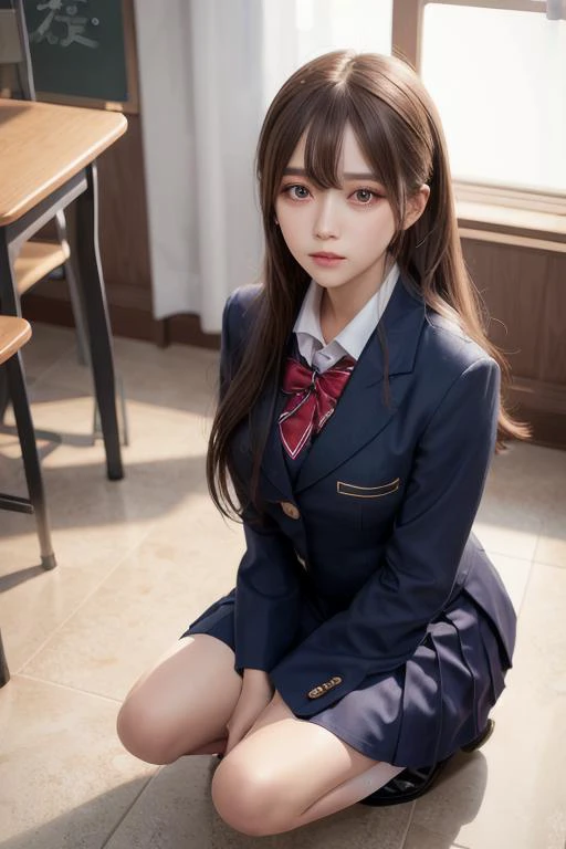 best quality, professional lighting, super detailed, realistic, beautiful detailed face eyes, <lora:pureInnocentGirl_v25:0.5> PI_girl,school uniform,kneeling