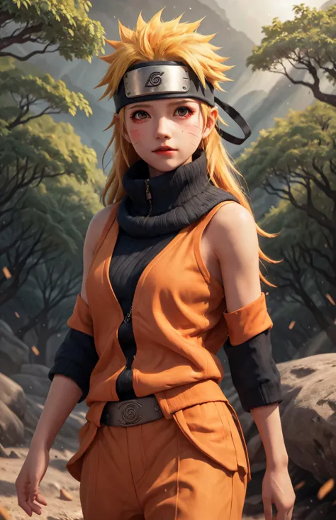 best quality, masterpiece, highres, (1girl:1.2), tyndall effect,(photorealistic), dark studio, rim lighting, two tone lighting,(high detailed skin:1.2),
naruto, outdoors, black and orange cloth,posing,orange pants,tank top,small breast,,forehead,long yellow hair,(body shape:1.3),detailed forest background,
8k uhd, dslr, soft lighting, high quality, volumetric lighting, candid, Photograph, high resolution, 4k, 8k, Bokeh,<lora:Naruto_v2:0.5> <lora:Pure_Innocent_girl2:0.2>,detailed face eyes hair,