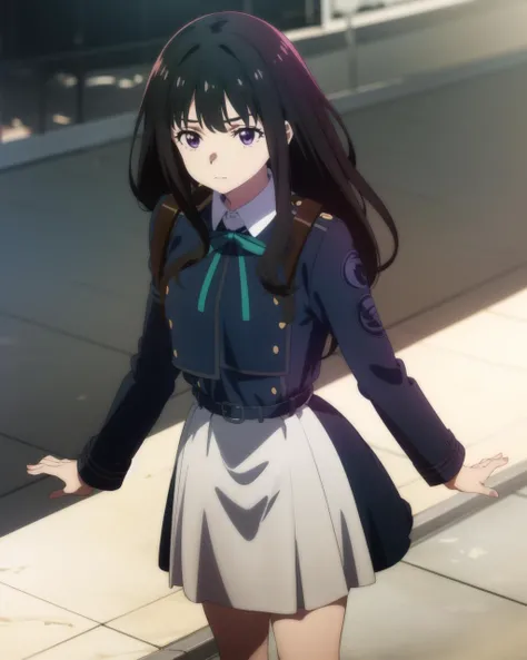 masterpiece, high quality, 1girl, outdoors, city, steet, dynamic shot, walking, inoue takina, long hair, bangs, black hair, (purple eyes:1.2), <lora:takinainoues1-lora-nochekaiser:1>,shirt, long sleeves, dress, ribbon, school uniform, white collar, belt, neck ribbon, blue dress with grey sides, green ribbon, pleated dress, two-tone dress, blue belt, lycoris uniform