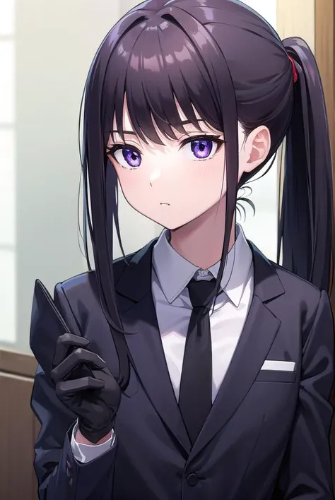 takinainoue, <lora:takinainoue-lora-nochekaiser:1>,
inoue takina, long hair, bangs, ponytail, black hair, (purple eyes:1.2),
BREAK gloves, long sleeves, jacket, necktie, black gloves, collared shirt, belt, pants, vest, black jacket, black pants, formal, suit, red necktie, headset, black suit, earpiece,
BREAK looking at viewer, (cowboy shot:1.5),
BREAK indoors, restaurant,
BREAK <lyco:GoodHands-beta2:1>, (masterpiece:1.2), best quality, high resolution, unity 8k wallpaper, (illustration:0.8), (beautiful detailed eyes:1.6), extremely detailed face, perfect lighting, extremely detailed CG, (perfect hands, perfect anatomy),