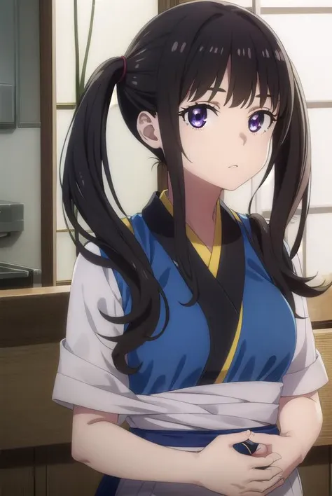takinainoue, <lora:takinainoues1-lora-nochekaiser:1>,
inoue takina, long hair, bangs, twintails, black hair, (purple eyes:1.1),
BREAK japanese clothes, kimono, apron, waist apron, blue kimono, waitress,
BREAK indoors, cafe,
BREAK looking at viewer, (cowboy shot:1.5),
BREAK <lyco:GoodHands-beta2:1>, (masterpiece:1.2), best quality, high resolution, unity 8k wallpaper, (illustration:0.8), (beautiful detailed eyes:1.6), extremely detailed face, perfect lighting, extremely detailed CG, (perfect hands, perfect anatomy),