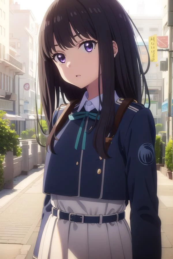 takinainoue, <lora:takinainoues1-lora-nochekaiser:1>,
inoue takina, long hair, bangs, black hair, (purple eyes:1.2),
BREAK shirt, long sleeves, dress, ribbon, school uniform, white shirt, collared shirt, belt, neck ribbon, blue dress, green ribbon, pleated dress, grey dress, two-tone dress, blue belt, lycoris uniform,
BREAK outdoors, city,
BREAK looking at viewer, (cowboy shot:1.5),
BREAK <lyco:GoodHands-beta2:1>, (masterpiece:1.2), best quality, high resolution, unity 8k wallpaper, (illustration:0.8), (beautiful detailed eyes:1.6), extremely detailed face, perfect lighting, extremely detailed CG, (perfect hands, perfect anatomy),