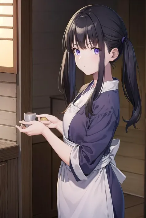 takinainoue, <lora:takinainouechickeiii-lora-nochekaiser:1>,
inoue takina, long hair, bangs, twintails, black hair, (purple eyes:1.2),
BREAK japanese clothes, kimono, apron, waist apron, blue kimono, waitress,
BREAK indoors, cafe,
BREAK looking at viewer, (cowboy shot:1.5),
BREAK <lyco:GoodHands-beta2:1>, (masterpiece:1.2), best quality, high resolution, unity 8k wallpaper, (illustration:0.8), (beautiful detailed eyes:1.6), extremely detailed face, perfect lighting, extremely detailed CG, (perfect hands, perfect anatomy),