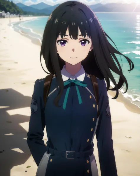 masterpiece, high quality, 1girl, outdoors, beach, evening, sunglare, light smile, dynamic shot, walking, inoue takina, long hair, bangs, black hair, (purple eyes:1.2), <lora:takinainoues1-lora-nochekaiser:1>,shirt, long sleeves, dress, ribbon, school uniform, white collar, belt, neck ribbon, blue dress with grey sides, green ribbon, pleated dress, two-tone dress, blue belt, lycoris uniform, medium shot, upper body