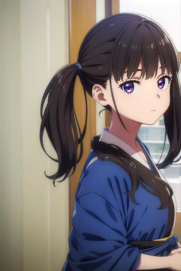 takinainoue, <lora:takinainoues1-lora-nochekaiser:1>,
inoue takina, long hair, bangs, twintails, black hair, (purple eyes:1.1),
BREAK japanese clothes, kimono, apron, waist apron, blue kimono, waitress,
BREAK indoors, cafe,
BREAK looking at viewer, (cowboy shot:1.5),
BREAK <lyco:GoodHands-beta2:1>, (masterpiece:1.2), best quality, high resolution, unity 8k wallpaper, (illustration:0.8), (beautiful detailed eyes:1.6), extremely detailed face, perfect lighting, extremely detailed CG, (perfect hands, perfect anatomy),