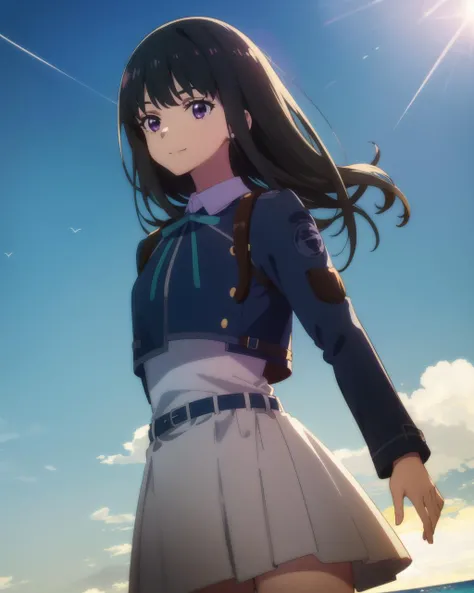 masterpiece, high quality, 1girl, outdoors, beach, evening, sunglare, light smile, dynamic shot, walking, inoue takina, long hair, bangs, black hair, (purple eyes:1.2), <lora:takinainoues1-lora-nochekaiser:1>,shirt, long sleeves, dress, ribbon, school uniform, white collar, belt, neck ribbon, blue dress with grey sides, green ribbon, pleated dress, two-tone dress, blue belt, lycoris uniform, medium shot, upper body