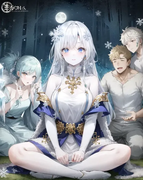 ((best quality)), ((highly detailed)), masterpiece, ((official art)), detailed face, beautiful face, (detailed eyes, deep eyes), (1girl), <lora:piperPerriMeme_v11:.95>, piperperrimeme, multiple boys, 5+boys, sitting, sofa, indian style, ((Yuki-onna)), white kimono, (snowflake print:1.3), blue obijime, ((ice crystal hair:1.55)), long white hair, ((white skin:1.55)), [blush], ((glowing hair:1.43)), ice blue eyes, snowy ((mountain) (forest)), snowing, large breasts, plunging_neckline, smiling, icicle necklace, full moon