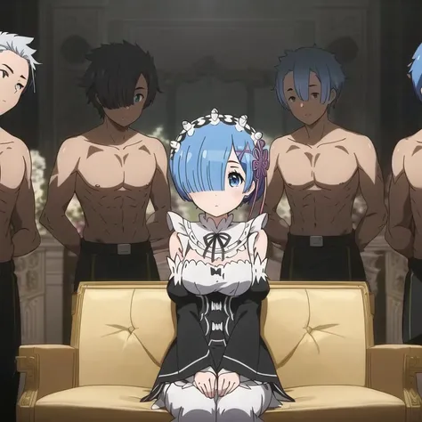 masterpiece, best quality, ultra-detailed, illustration, epic lighting, cinematic composition, colorful, anime, 2d, (finely detailed beautiful eyes: 1.2), <lora:piperPerriMeme_v11:1> piperperrimeme, (multiple boys:1.2), 1girl, rem_\(re:zero\), sitting, (8k:1.1) <lora:ReZeroRem_v10:0.4> <lora:maplestoryStyle_v30:0.5>