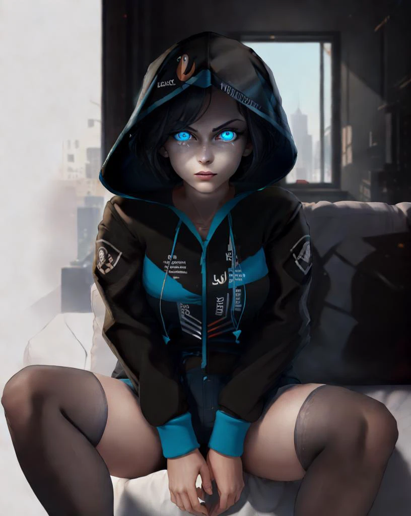 (pale_complexion,corrupt:1.4),1girl Highly detailed, High Quality, Masterpiece, beautiful, sharp focus, shiny skin, best quality, perfect anatomy:1.4, high detailed, 8k, highres, lineart, sketch, (masterpiece:1.4),(sharp focus:1.2), (colored:1.3), 8k wallpaper,(arch linux-chan:1.1), black hair, (face_shadowed:1.2),(1_glowing_red_eye:1.2),(blue_eyes) hood_up, black jacket, hooded jacket, (black_shorts:0.4), <lora:os-tan_archlinux-10:0.9>,os-tan_archlinux ,thigh-highs,sitting_on_couch. <lora:piperPerriMeme_v11:0.7>piperperrimeme,10_surrounded-meme,surrounded by group of men