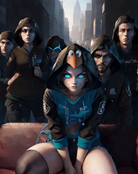 (pale_complexion,corrupt:1.4),1girl Highly detailed, High Quality, Masterpiece, beautiful, sharp focus, shiny skin, best quality, perfect anatomy:1.4, high detailed, 8k, highres, lineart, sketch, (masterpiece:1.4),(sharp focus:1.2), (colored:1.3), 8k wallpaper,(arch linux-chan:1.1), black hair, (face_shadowed:1.2),(1_glowing_red_eye:1.2),(blue_eyes) hood_up, black jacket, hooded jacket, (black_shorts:0.4), <lora:os-tan_archlinux-10:0.9>,os-tan_archlinux ,thigh-highs,sitting_on_couch. <lora:piperPerriMeme_v11:0.7>piperperrimeme,10_surrounded-meme,surrounded by group of men