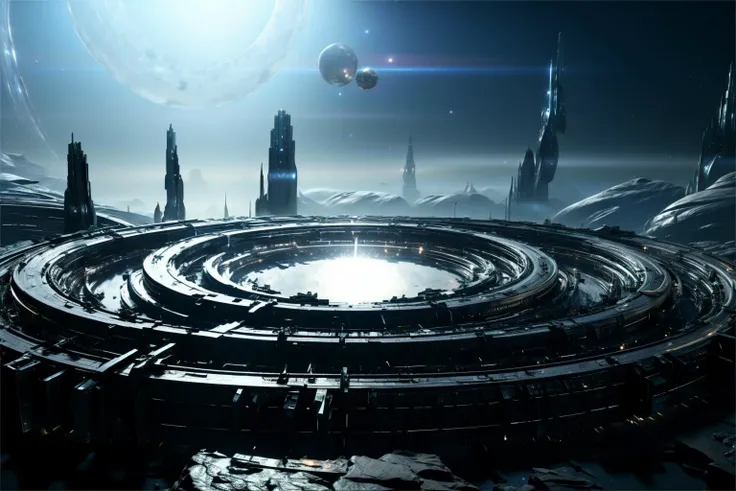 RAW photo of city, no humans, outdoors, planet, scenery, science fiction, star \(sky\) <lora:spacescraft-ring:1>