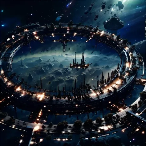 spacescraft, crystal, scenery, no humans, science fiction, outdoors, sci-fiction, planet, cloud, no humans, space, starry sky<lora:ring:1>