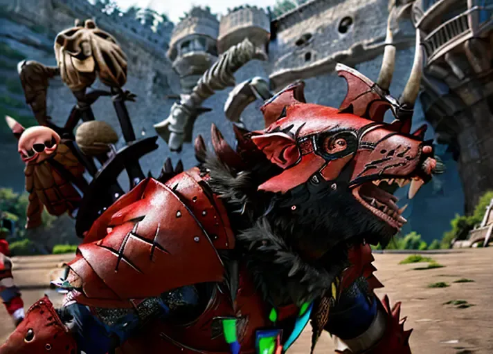 queek, aggressive look, detailed facial features, castle ruins in the background, raining ,wearing armor, toned, full-length photo, helm, 70mm lens, symmetrical,posing, monster,(small red areolas:1.2), athletic, sharp, textured skin, perfect body, 1boy, realistic, detailed, slim, (perfect fingers:1.2), amused, photographed by a Nikon Z7 II Camera,(high detailed skin:1.2),8k uhd, <lora:QueekV2-000006:1>