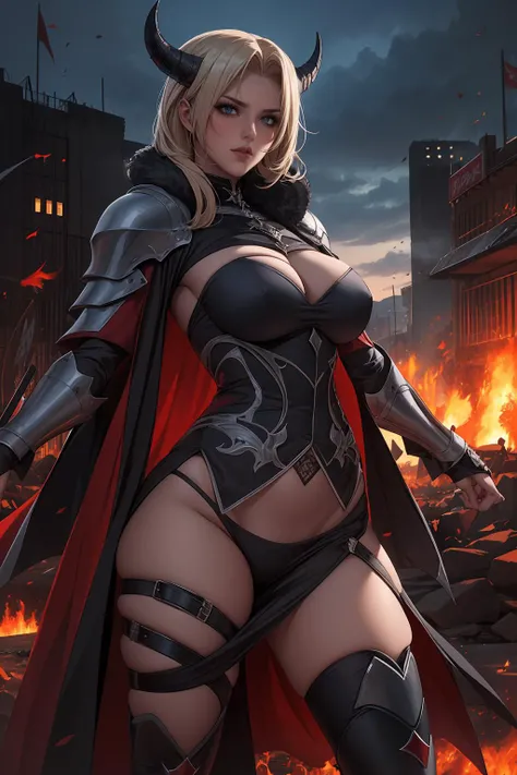 (masterpiece, top quality, best quality, official art, beautiful and aesthetic:1.2), (1girl:1.3), ((long blonde hair)), light freckles, fair skin, extremely detailed, portrait, looking at viewer, solo, (full body:0.6), detailed background, close up, (hot volcanic theme:1.1), fiery mage, charlatan, smirk, mysterious, fiery red hair, flaming hair, flames, casting spells in mountains, skimpy attire, steampunk copper armor, dark red cowl, breastplate, boob armor, crop top, armored crop top, gorget, ((goggles on forehead)), fingerless gloves, loose sleeves, greaves, thigh-high long boots, black skirts, long skirts, tattered skirts, red and black fabric, dark leather, ((((gigantic breasts)))), slim waist, slim hips, long legs, medieval (mountain exterior:1.1) background, dark mysterious lighting, shadows, magical atmosphere, dutch angle,
