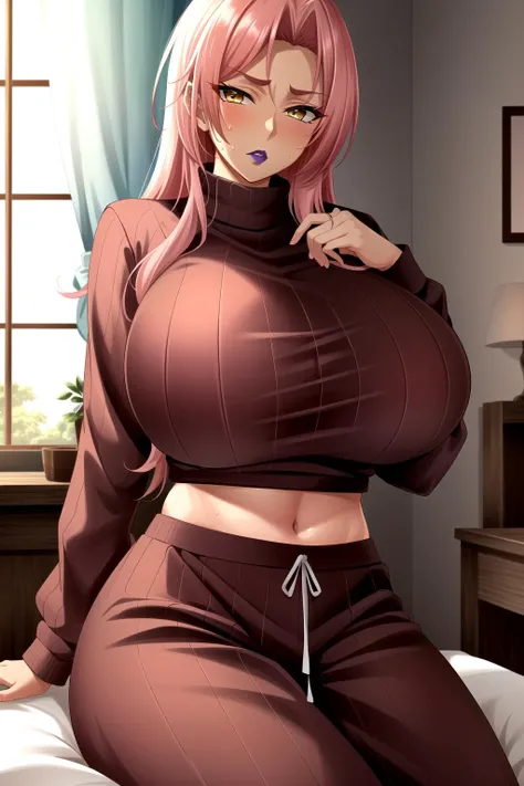 Highest quality, masterpiece, 1girl, (highly detailed, intricate details), absurdres, <lora:IngridV2:0.8> , ingrid, dark skin, pink hair, dark-skinned female, lipstick, yellow eyes, purple lips, (ribbed sweater, sweatpants:1.2), huge breasts,