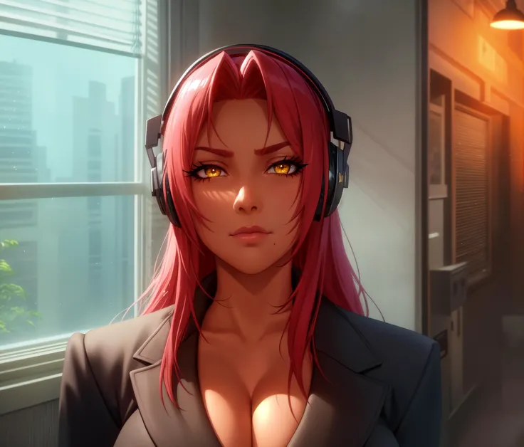 (best quality, high quality:1.1), cinematic lighting, shadows, digital art,
Ingrid, 1girl, solo, mature female, (dark-skinned female, dark skin:1.1), dynamic pose, walking, upper body, office background, windows, blinds,
(serious:1.2), closed mouth,
pink red hair, very long hair, hair intakes, makeup, lipstick, (mole under mouth:0.95), eyelashes, (yellow eyes, detailed eyes:1.1), perfect face,
headphones, business suit, formal, skirt suit, jacket suit,
(large breasts, cleavage:1.1),
<lora:IngridV2:0.9>