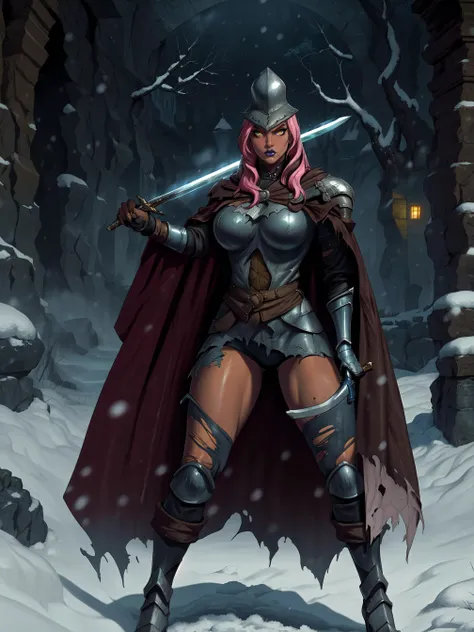 masterpiece, high quality, highres,
Ingrid, 1girl, solo, mature female, dark-skinned female, standing, (holding:1.3) long sword, (sword:1.2), (fighting stance:1.2), hand on hip,
determined, looking at viewer,
pink hair, long hair, hair intakes, makeup, (purple lips:0.9), lipstick, thick eyebrows, (mole under mouth:0.8), yellow eyes, glowing eyes,
curvy, large breasts,
knight, Abyss_Watchers, brown cloak, torn cloak, helmet,
snow, night, park, snowing, dark,
<lora:IngridV3:0.85> <lora:Abyss_Watchers:0.8>