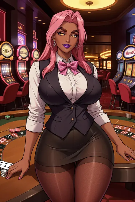 masterpiece, high quality, highres, intricate details, cinematic lighting,
Ingrid, 1girl, solo, mature female, dark-skinned female, standing, leaning on table, cowboy shot,
smile, looking at viewer, 
pink hair, long hair, hair intakes, makeup, (purple lips:0.9), lipstick, thick eyebrows, (mole under mouth:0.8), yellow eyes, glowing eyes,
curvy, large breasts, thighs,
vest, bowtie, miniskirt, (fishnet pantyhose:1.1), 
casino, roulette table
<lora:IngridV3:1>