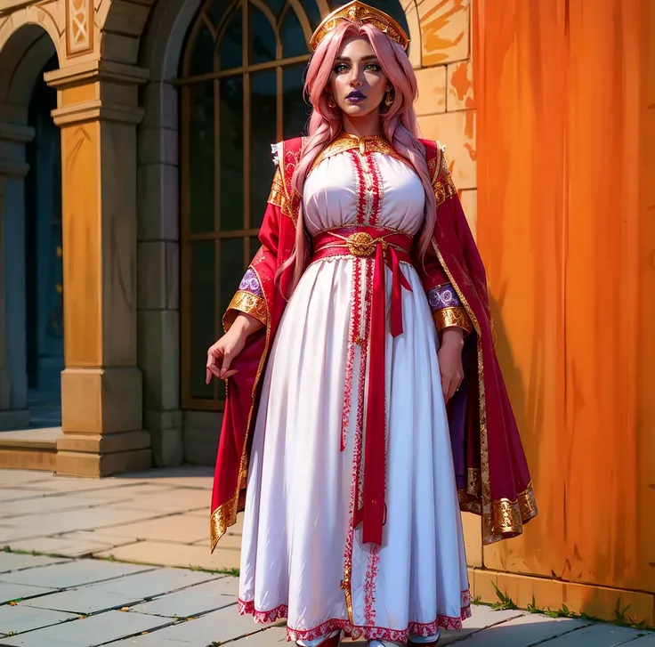 Ingrid, 1girl, mature female, dark skinned female, pink hair, long hair, hair intakes, lipstick, purple lips, makeup, yellow eyes, mole under mouth,
kokoshnik headwear, white dress with ornate red frills, traditional clothes, circlet
full body, masterpiece,
<lora:IngridV3:0.8> <lora:sxz-slavic-fantasy-v1:0.7>