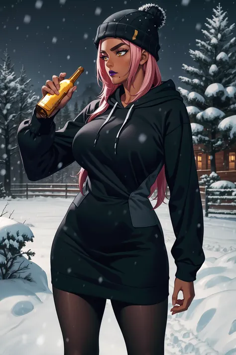 masterpiece, high quality, highres, intricate details, official art,
Ingrid, solo, mature female, dark-skinned female, standing, holding, looking away,( holding:1.1), (beer bottle:1.2), hand on hip, cowboy shot,
determined, looking at another, sad,
pink hair, long hair, hair intakes, makeup, (purple lips:0.9), lipstick, thick eyebrows, (mole under mouth:0.8), yellow eyes,
curvy, large breasts,
(black beanie:1.1), black hoodie, black skirt, pantyhose, black clothes,
snow, night, park, snowing, dark,
<lora:IngridV3:1>