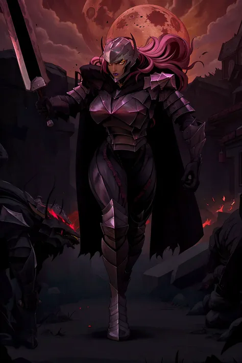 masterpiece, high quality, highres, intricate details, cinematic lighting,
Ingrid, 1girl, solo, mature female, dark-skinned female, running, full body, dynamic pose, (holding huge sword:1.4), two-handed,
determined, serious, looking at viewer,
pink hair, long hair, hair intakes, makeup, (purple lips:0.9), lipstick, thick eyebrows, (mole under mouth:0.8), yellow eyes,
curvy, large breasts,
edgBerserker, wearing edgBerserker_armor, shoulder armor, red eyes glowing, torn cape, helmet, check the prompt
hills, (red moon:1.1), red skies, night, horror \(theme\),
<lora:IngridV3:1.0> <lora:edgBerserkerArmor:0.5>