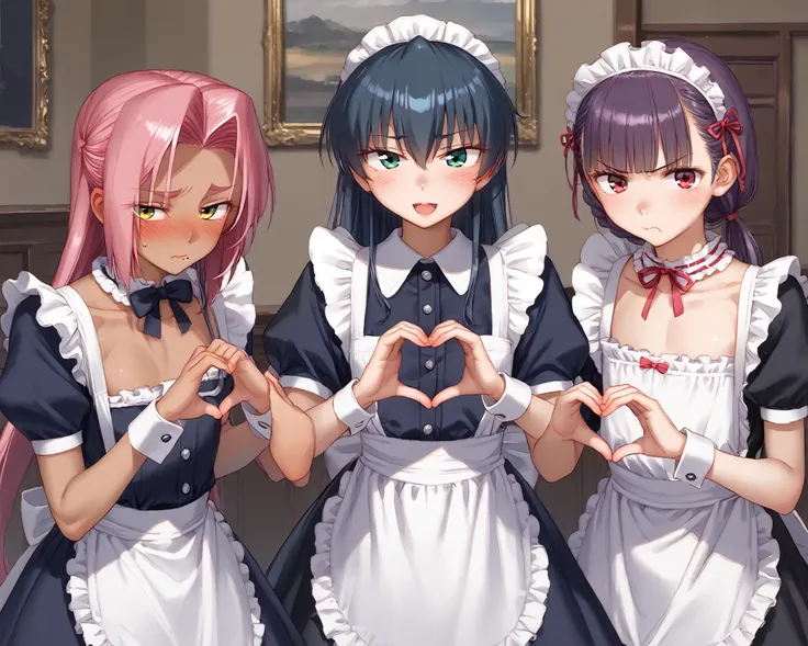 score_9, score_8_up, anime, hentai, beautiful 3girls, multiple girls, standing, all girls are same height, (heart hands pose each:1.4), female, littl, (extreme-flat chest:1.6), (slim, slender, toned body), cowboy shot, childish 5fingers, looking at viewer,
(maid uniform, all women are wearing same clothes, frilled dress:1.4), (frilled collar, bow knot, frilled maid ornament, frilled apron, white wrist cuff),
(amazing intricate detail, ultra resolution, 16K), (OverallDetail, HairDetail, fHandDetail, EyeDetail), BREAK,
(Ingrid:1.6), 1girl, mature female, (dark skinned female:1.4), pink hair, long hair, two side up, hair intakes, yellow eyes, (long eyelash:1.2), 1mole under mouth,
expressive, (shameful face, embarrassed expression:1.2), tighten up mouth, (cry, tear:0.6), BREAK,
(IgawaAsagi:1.6), 1girl, mature female, long hair, hair between eyes, black hair, blue hair, green eyes, (long eyelash:1.2),
expressive, (groovy, happy face:1.2), open mouth, BREAK,
(Oboro:1.6), 1girl, mature female, purple hair, short hair, blunt bangs, (low ponytail), red eyes, (long eyelash:1.2),
expressive, (angry:1.4), complain expression, tighten up mouth, BREAK,
<lora:IngridXL_3224:0.4>, <lora:IgawaAsagiXL:0.4>, <lora:Oboro2n1Koukawa3216XL:0.4>,