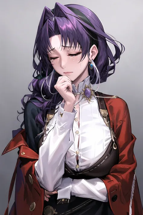 1girl, jewelry, solo, purple hair, long hair, white shirt, closed eyes, flower, earrings, long sleeves, shirt, purple flower, upper body, hand up, tears, parted bangs, crying, hairband, brooch, closed mouth, gem, buttons, blue background, hand on own chin,(huge breasts),shiny skin,(mature female:1.2),carofano,<lora:carofano-v1-naivae-5ep-resize:0.7>