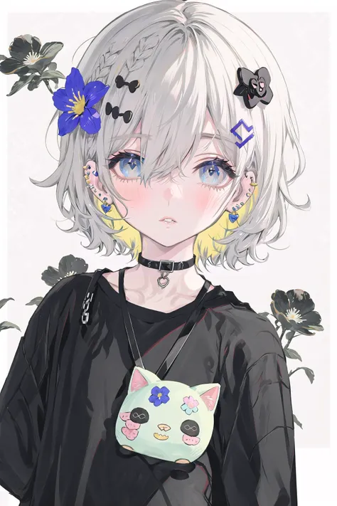 hair over one eye, bandaid, 1girl, hair ornament, multicolored hair, solo, flower, hair flower, jewelry, short hair, ear piercing, looking at viewer, black shirt, shirt, blue eyes, piercing, earrings, blush, grey hair, upper body, bandaid on face, strap, white hair, parted lips, hairclip ,
<lora:foomidori-000213:1>