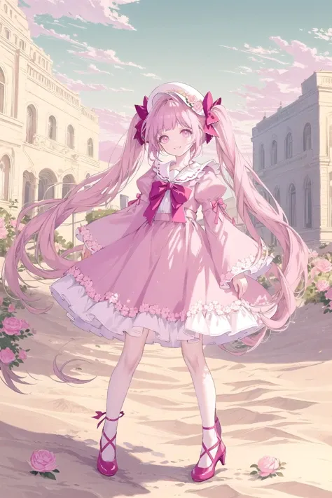 1girl, solo, dress, long hair, twintails, pink hair, full body, pink footwear, long sleeves, bonnet, flower, pink eyes, smile, looking at viewer, very long hair, pink flower, bangs, puffy sleeves, skirt hold, pink dress, pink theme, standing, white background , hat, pink rose, hat flower, closed mouth, floral background, high heels, white headwear, pink bow, shoes ,sky, cloud, desert, day, outdoors, scenery, blue sky, damaged, sand, dutch angle 
<lora:foomidori-000213:1>