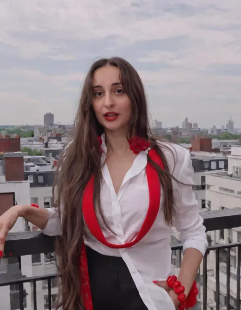 Gabriella Kurus, empowered and resolute in her urban jungle scene, with her long, chocolate-brown locks swaying gently as she gazes directly into the camera lens; dressed elegantly in a monochrome ensemble accented by bold red accessories, she effortlessly conveys power and grace from atop a rooftop terrace, capturing everyone's attention. <lora:louqrz18f68ad8f9at14f:1>