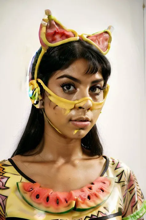 Museum quality Portrait photograph, half woman half cat Polyacrylic resin glossy skin, half human half Cat , banana headress, Tropicalia retrofuturism, watermelon blouse, strobe flash, Leica M3