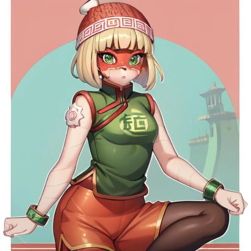 <lyco:anime girl - Min Min:1.0>, Min_Min, shiny skin, mask, beanie, blush, short hair, chinese clothes, leggings, shorts, green eyes, sleeveless