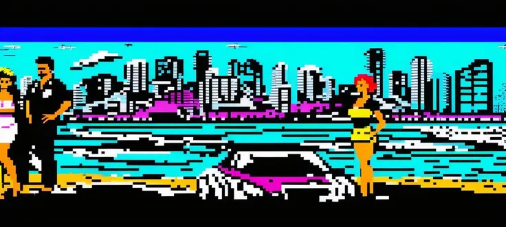 panoramic, wide shot. mural of Miami vice police detectives, man, woman, beach, cityscape in background, teletext.