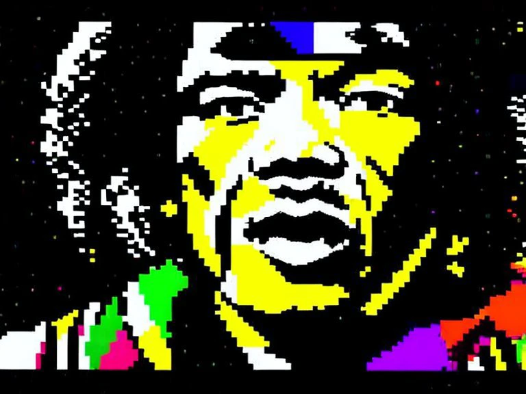 portrait of (Jimmy Hendrix) at Woodstock, guitar, stereo speakers, teletext.