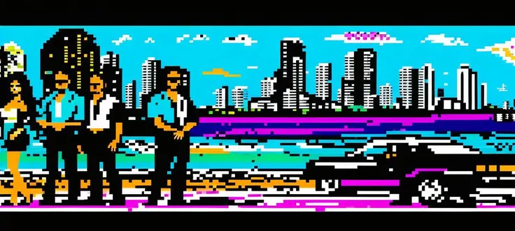 panoramic, wide shot. mural of Miami vice police detectives, man, woman, beach, cityscape in background, teletext.