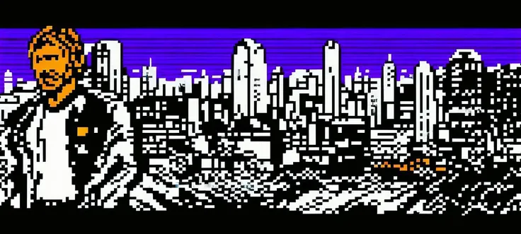 panoramic, wide shot. mural of (Harrison Ford) as detective, cyberpunk city, teletext.