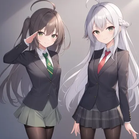 masterpiece, best quality, highres, miorine1, miorine rembran, asticassia school uniform, solo, long hair, grey eyes, grey hair, ahoge, seamed legwear, green shorts, necktie, bangs, hair between eyes, black pantyhose, long sleeves, green jacket, floating hair, red necktie, medium breasts, upper_body, (salute:1.1), hand on hip, smile.