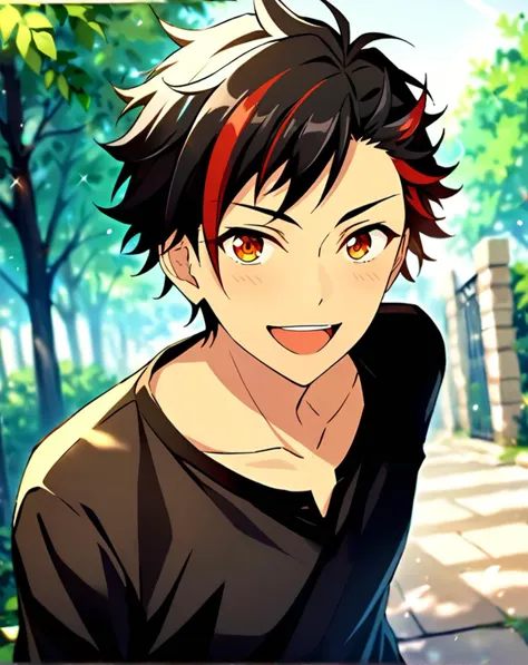 masterpiece, best quality, very aesthetic, absurdres, very detailed, score_9, score_8_up, score_7_up, depth of field, ((1boy, solo, male only, male focus, upperbody)), (nagumo_tetora, black hair, streaked hair, red hair, amber eyes, short hair, hair between eyes, bangs), happy, looking at viewer, facing viewer, collarbone, outdoors, black outfit, <lora:Lightning-8:1>,  <lora:nagumo_tetora_sdxl_lora:0.74>