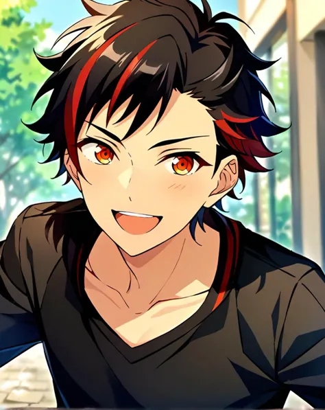 masterpiece, best quality, very aesthetic, absurdres, very detailed, score_9, score_8_up, score_7_up, depth of field, ((1boy, solo, male only, male focus, upperbody)), (nagumo_tetora, black hair, streaked hair, red hair, amber eyes, short hair, hair between eyes, bangs), happy, looking at viewer, facing viewer, collarbone, outdoors, black outfit, black jacket, <lora:Lightning-8:1>,  <lora:nagumo_tetora_sdxl_lora:0.74>