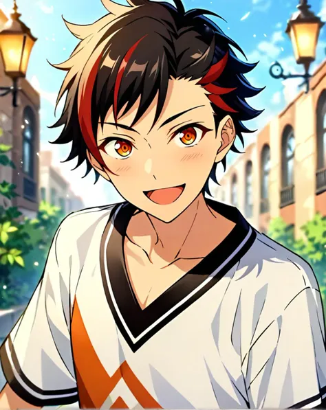 masterpiece, best quality, very aesthetic, absurdres, very detailed, score_9, score_8_up, score_7_up, depth of field, ((1boy, solo, male only, male focus, upperbody)), (nagumo_tetora, black hair, streaked hair, red hair, amber eyes, short hair, hair between eyes, bangs), happy, looking at viewer, facing viewer, collarbone, outdoors, <lora:Lightning-8:1>,  <lora:nagumo_tetora_sdxl_lora:0.74>