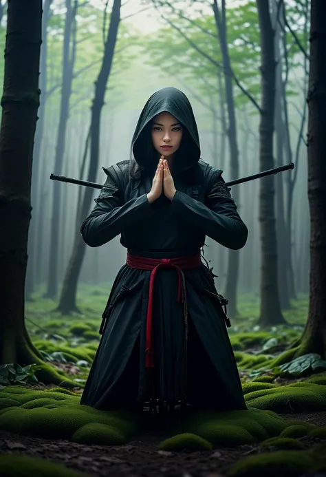 (medium full shot) of (desirable young woman:1.1) japanese ninja, black hair, straight hair,  brown eyes, curvy,             wearing Hooded bodysuit with reinforced elbows, thigh holster with smoke bombs, combat boots with hidden blades angry at the viewer, she's making a kung fu pose,  .set in  Meditation Glade, Sacred clearing with a simple stone altar at its center, shafts of sunlight illuminating the mossy ground, a chorus of birdsong echoing through the canopy, and the distant sound of monks chanting in prayer , at night. ,Masterpiece,best quality, photorealistic, amazing quality, very aesthetic, extremely detailed face,