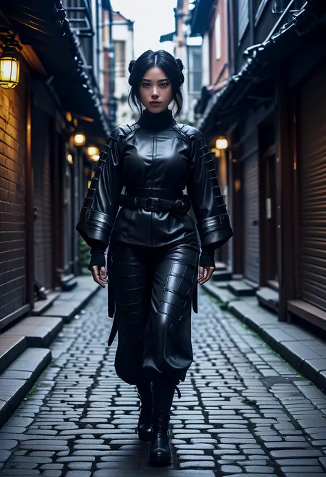 (medium full shot) of (lovely young woman:1.1) japanese ninja, black hair, hairbun, dark brown eyes, curvy,             wearing Nanosuit with self-repairing capabilities, utility belt with holographic camouflage, combat boots with energy shields scared at the viewer, pointing her finger at the viewer,  .set in  Shadowy Alley in edo era, Narrow passage with uneven cobblestone flooring, flickering lanterns casting dim light, wooden barrels stacked against walls, stray cats darting between shadows, and the distant sound of echoing footsteps . ,Masterpiece,best quality, photorealistic, amazing quality, very aesthetic, extremely detailed face,